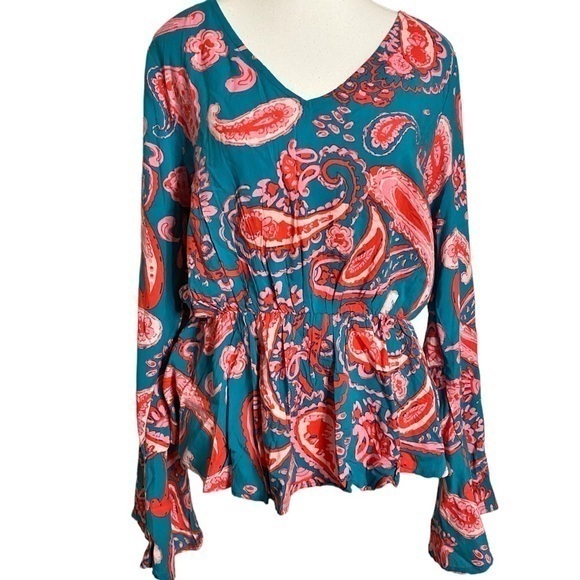 Emily Wonder Green and Pink Paisley Print V-Neck Long Sleeve Top - Picture 1 of 14